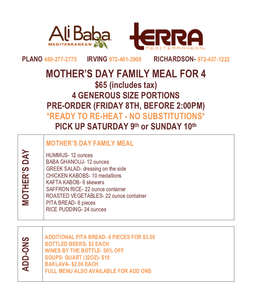 Terra Mediterranean Grill Mother's Day Specials